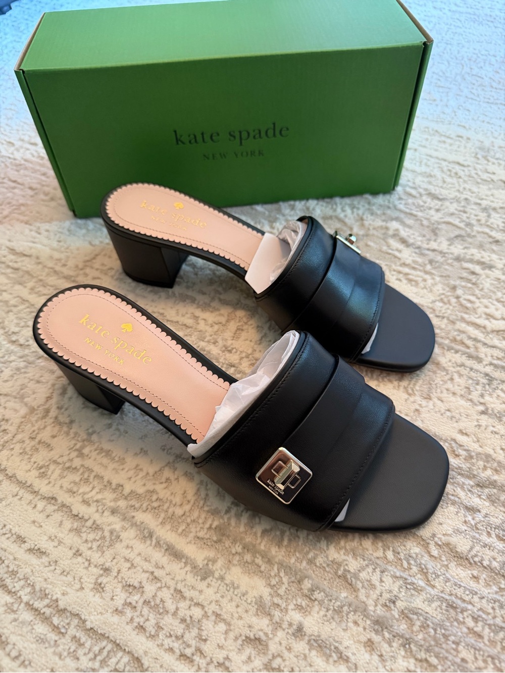 Kate spade Black Leather Block Heel Mule with Buckle